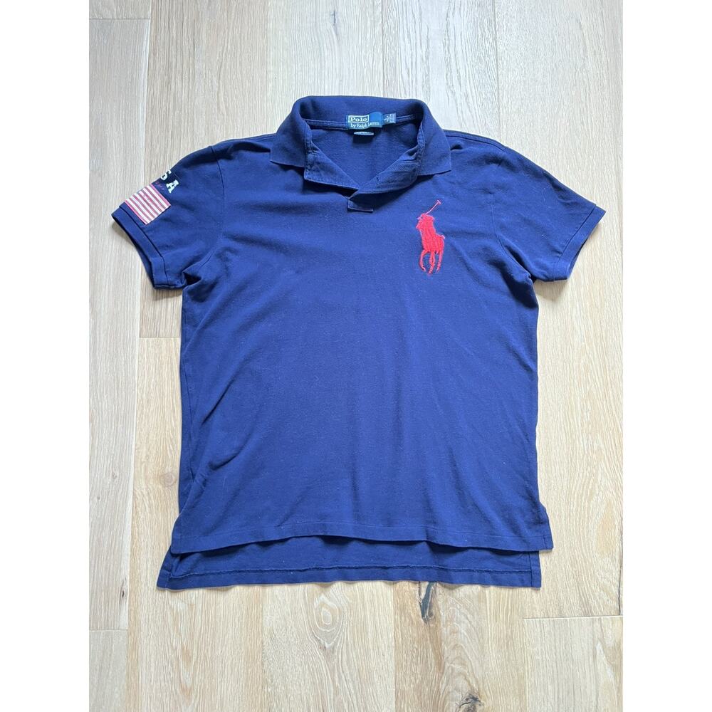 Vintage Y2K Polo Ralph Lauren Big Pony USA Flag Blue SS Polo Shirt Men's Large